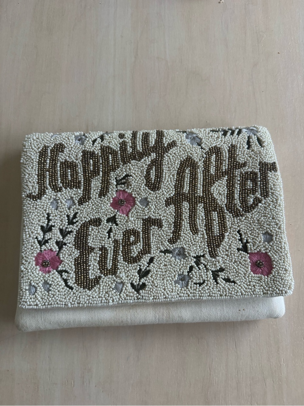 Beaded 'Happily Ever After' Clutch with Pink Floral Accents